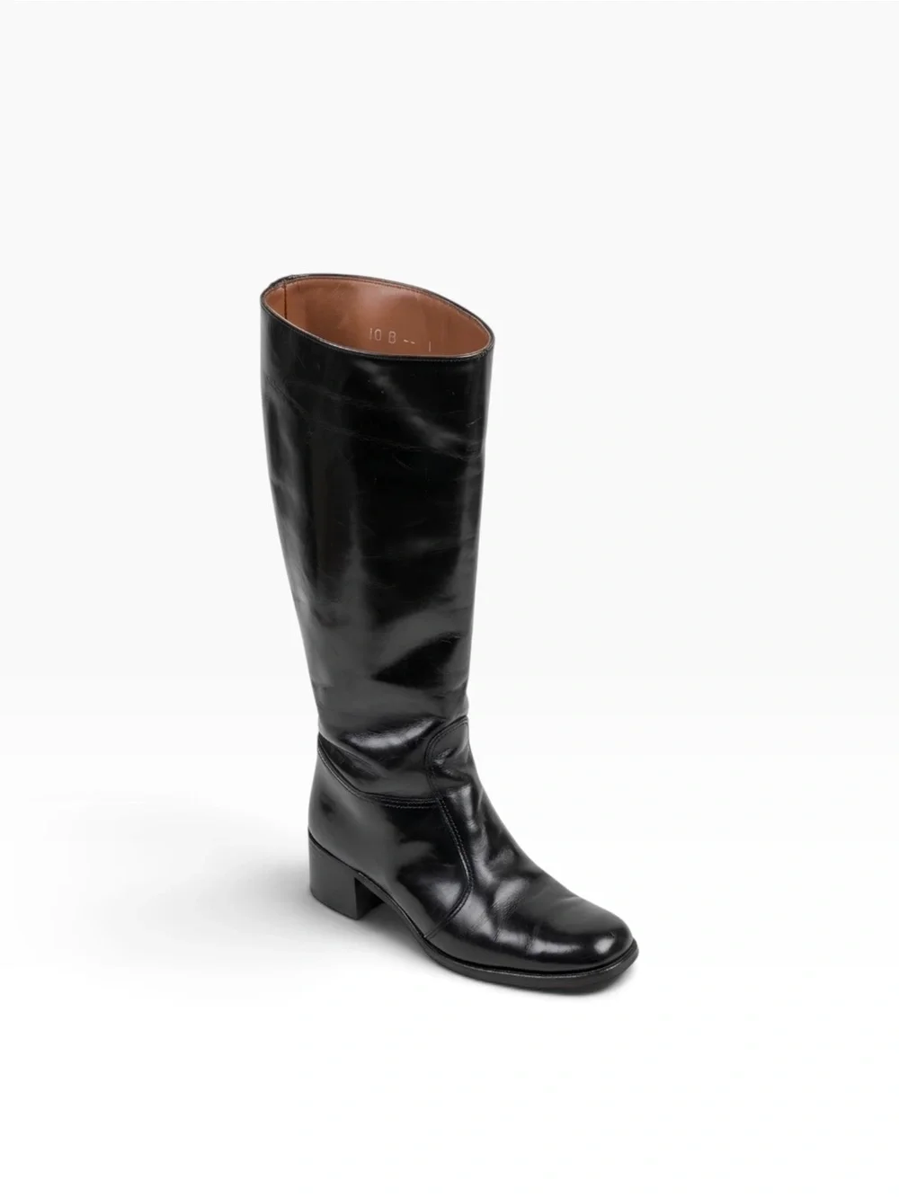 Black Leather Knee-High Block Heel Go-Go Riding Boots - 10B
